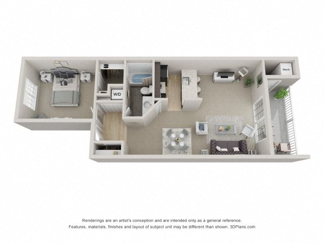 Floor plan for 1 bed, 1 bath, 700 sqft